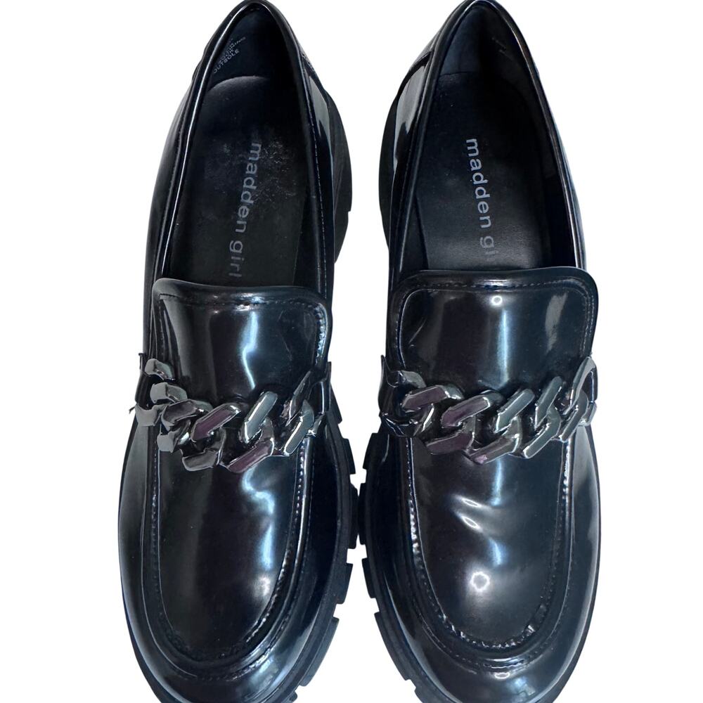 Goth Academia Y2K Madden Girl Black Patent Platform Loafers Chunky Sole Block